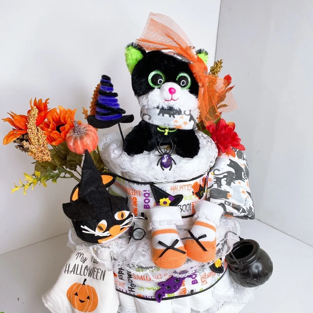 Girls Halloween Diaper Cake, Black cat Diaper Cake